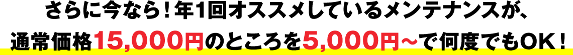 さらに今なら！年1回オススメしているメンテナンスが、通常価格15,000円のところを5,000円～で何度でもOK！
